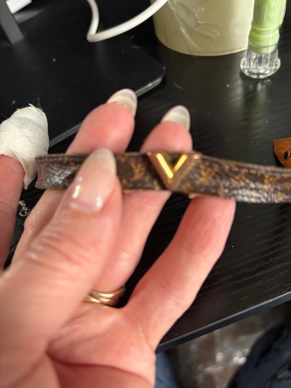 Louis Vuitton vintage Brown Monogram Leather Bracelet with Gold V Accent